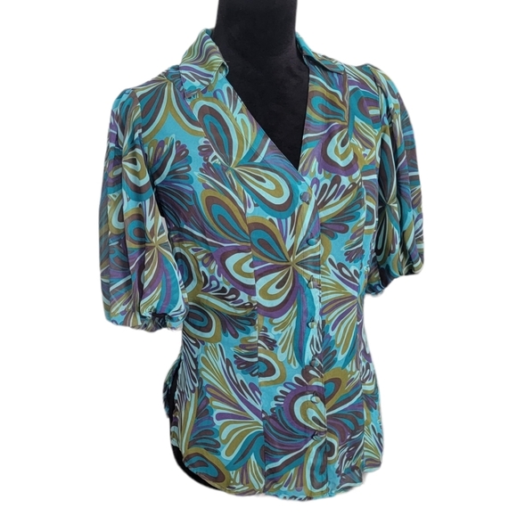 Bisou Bisou Retro Flower Print Balloon Sleeve Button Down Shirt Size XS - Picture 2 of 8